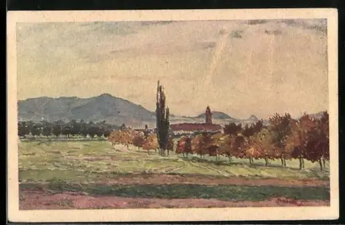 Künstler-AK Terezín, Bohusovická kotlina, v pozadí Stredohorí