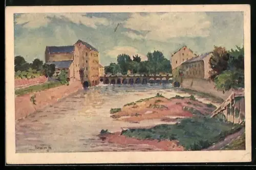 Künstler-AK Terezín, Splavové mlýny na Ohri