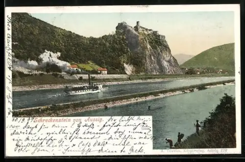 AK Schreckenstein, Blick auf Ruine mit Elbpartie u. Dampfer