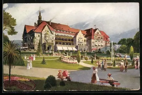 AK Bad Kudowa /Glatz, Hotel Fürstenhof mit Gartenanlagen und Springbrunnen