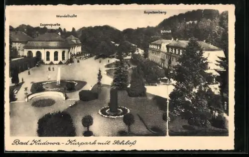 AK Bad Kudowa, Kurpark mit Schloss, Eugenquelle, Wandelhalle und Kapellenberg