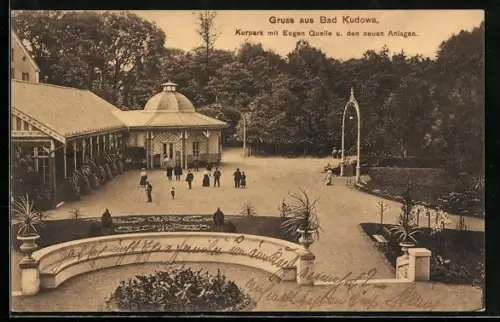 AK Bad Kudowa, Kurpark mit Eugen-Quelle und den neuen Anlagen