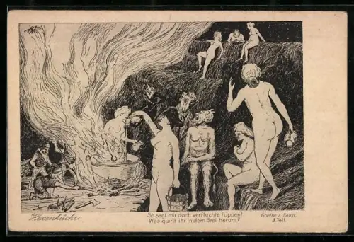 Künstler-AK Szene aus Goethes Faust, in der Hexenküche