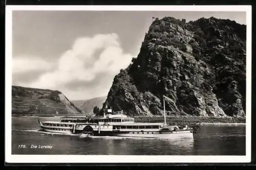 AK Loreleyfelsen mit Dampfer an der tiefsten Stelle des Rheins
