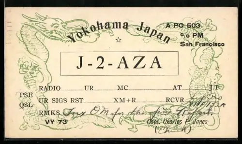 AK Yokohama, J-2-AZA Radiostation mit Drachen im Passepartout