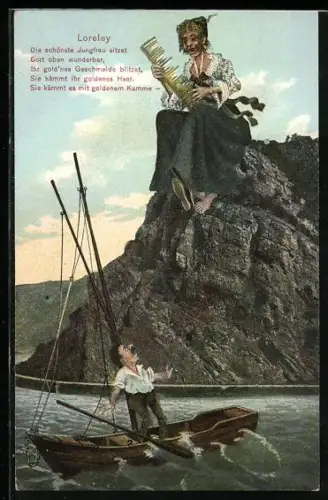 AK Loreley, Mann im Boot erschreckt vor der gar nicht schönsten Jungfrau auf dem Felsen