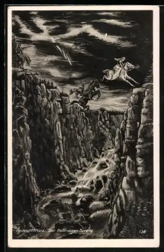 Künstler-AK Brunhilde flüchtet vor dem Riesen Bodo und rettet sich mit einem Sprung über das Bodetal