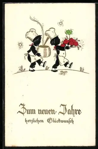 AK Zwei Kinder mit Schürzen und Kochhüten überbringen Glückssymbole, darunter Klee