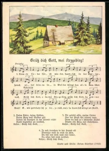 Lied-AK Anton Günther: Lied Grüss dich Gott, mei Arzgebirg!, Bauernhaus im Erzgebirge
