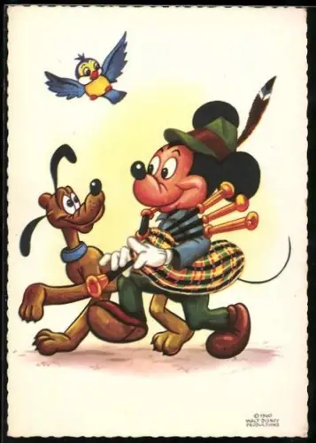AK Mickey Maus mit Dudelsack und Pluto
