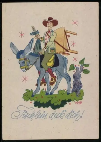 Künstler-AK Szene aus Tischlein deck dich mit Esel, dem Tischlein und dem im Sack verborgenen Knüppel