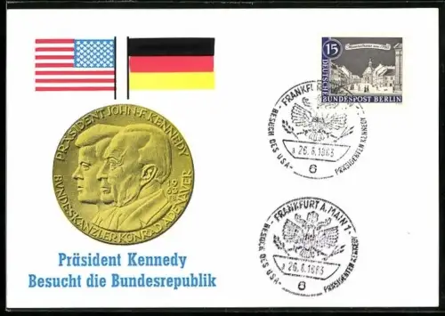 AK Frankfurt am Main, Geprägte Münze mit den Profilen von US-Präsident John F. Kennedy und Kanzler Konrad Adenauer
