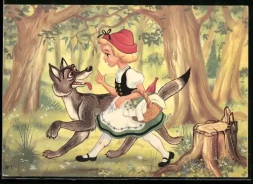 Künstler-AK Rotkäppchen trifft den Wolf im Wald