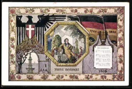 AK Wien, Sängerfest 1928, Franz Schubert im Garten und Noten Der Lindenbaum