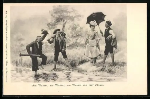 Künstler-AK Auflügler barfuss am Flussufer