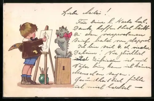 Künstler-AK Kleiner Junge malt seinen Hund