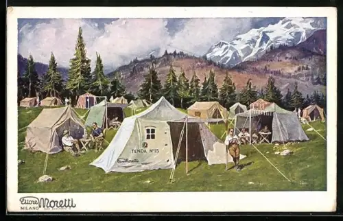 Künstler-AK Camper bei ihren Zelten mit Gebirgspanorama