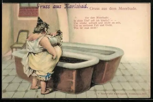 Künstler-AK Karlsbad, Frau steht vor einem Moorbad