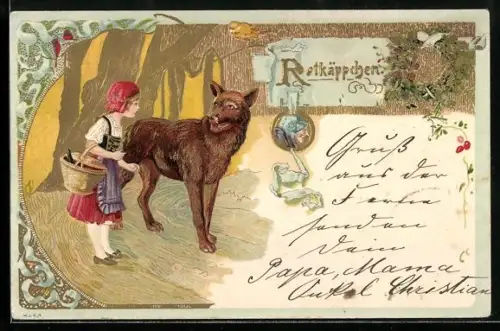 AK Rotkäppchen mit bösem Wolf im Wald