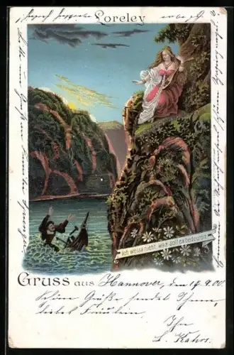 Künstler-AK Göttin blickt auf einen gekennterten Seemann in der Loreley