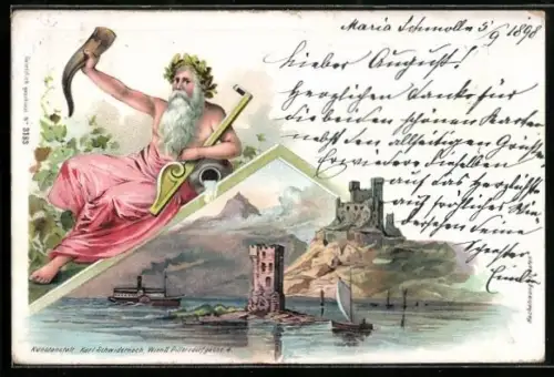 Lithographie Rüdesheim / Rhein, Vater Rhein mit Füllhorn, Burg Ehrenfels