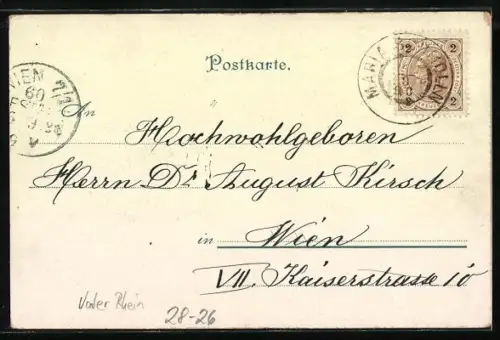 Lithographie Rüdesheim / Rhein, Vater Rhein mit Füllhorn, Burg Ehrenfels