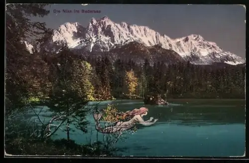 AK Badersee, Nixe im See mit Gebirgspanorama