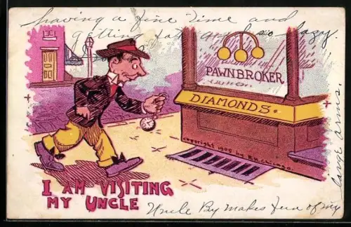 Künstler-AK Mann ist mit einer Taschenuhr auf dem Weg zum Pfandleiher