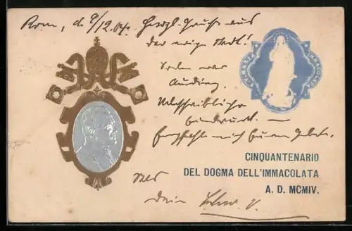 Präge-AK Portrait von Papst Pius X. mit Bildnis der Jungfrau Maria