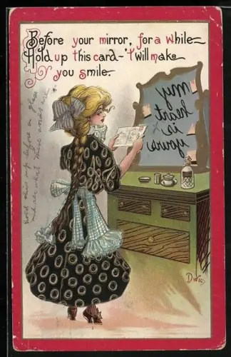 AK junges Mädchen vor einem Spiegel liest ihren Brief in Spiegelschrift