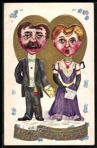 Künstler-AK Paar mit herzförmigen Köpfen