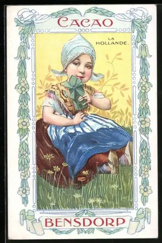 Künstler-AK Holländisches Mädchen mit Mühle auf einer Wiese, Cacao Bensdorp