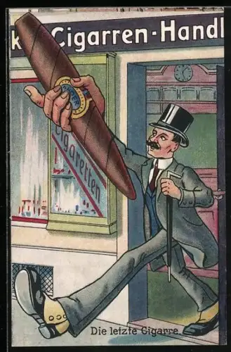 Künstler-AK Mann kommt mit einer riesigen Zigarre aus einem Laden