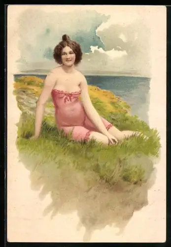 Lithographie Dame in Badeanzug auf einer Wiese