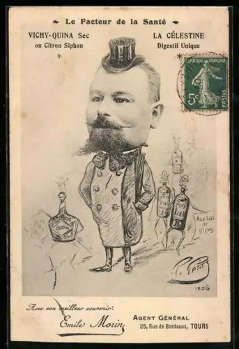 Künstler-AK Flaschen Vichy-Quina mit Armen und Beinen, Reklame Vichy-Quina Sec