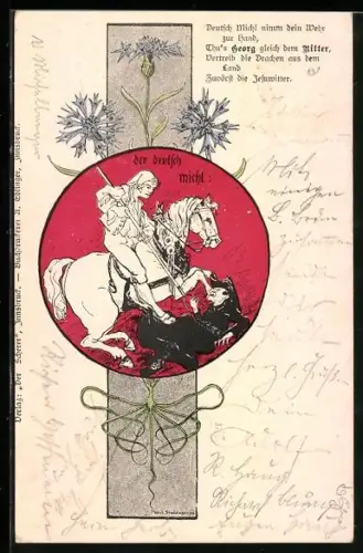 Künstler-AK Deutsch Michel auf einem Pferd mit einer Heugabel, Thu`s Georg gleich dem Ritter, vertreib die Drachen...