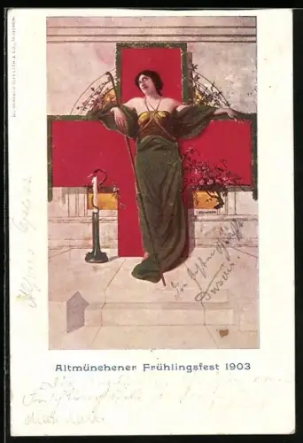 Künstler-AK Altmünchener Frühlingsfest 1903, Dame vor einem Kreuz im Jugendstil, Rotes Kreuz