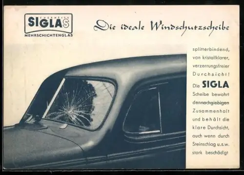 AK Reklame Siglas Windschutzscheibe, Auto mit Sprung in der Windschutzscheibe