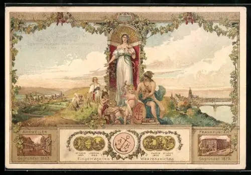 Lithographie Ahrweiler /Ahr, Firma A. K. Fam., einget. Warenzeichen, Frau m. Weinglas, Blick a. Ahrweiler u. Frankfurt