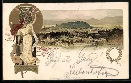 Lithographie Graz, Panorama des Ortes, Frau mit Harfe vor dem Ortswappen