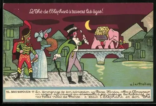 AK Le Thé de l`Éléphant à travers les ages, Elefant mit Tee auf dem Rücken überquert eine Brücke