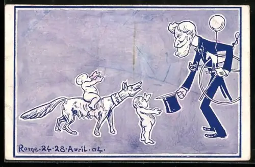 AK Französischer Präsident Emile Loubet mit Kleinkind und Hund, Karikatur