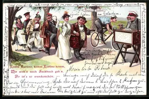 Lithographie Seckbach, Komm Karline komm..., Leierkastenmann und Menschengruppe