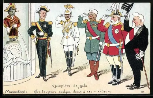 Künstler-AK Mannekepis, Zar Nicolai von Russland m. Karl May, Kaiser Wilhelm II.