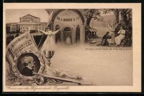 AK Bayreuth, Komponist Richard Wagner im Seitenporträt, Festspielhaus, Opernszene