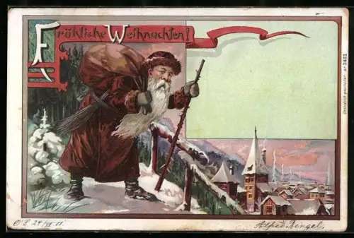 AK Weihnachtsmann mit Geschenkesack vor verschneitem Ort