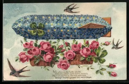 AK Zeppelin transportiert Rosen, Blumenbild, Schwalben am Himmel