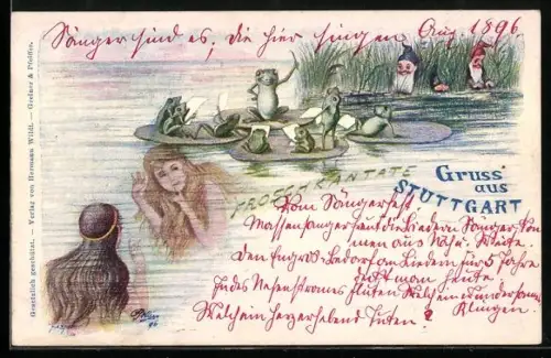 AK Frösche bei gemeinsamen Gesang auf Seerosenblättern, Nixen unter der Wasseroberfläche, vermenschlichte Tiere