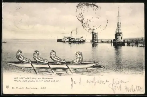 AK Konstanz, Frösche bei Rudern in einem Ruderboot vor dem Hafen von Konstanz, vermenschlichte Tiere