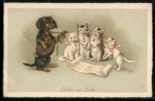 Lithographie Lieder zur Laute, Dackel musiziert mit Katzen